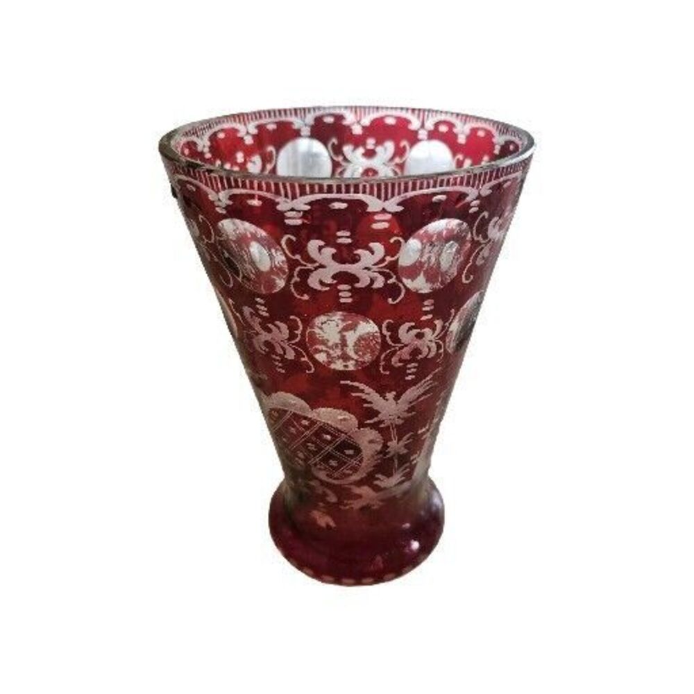 Vintage Bohemian czech Red Cut to Clear VASE 6"